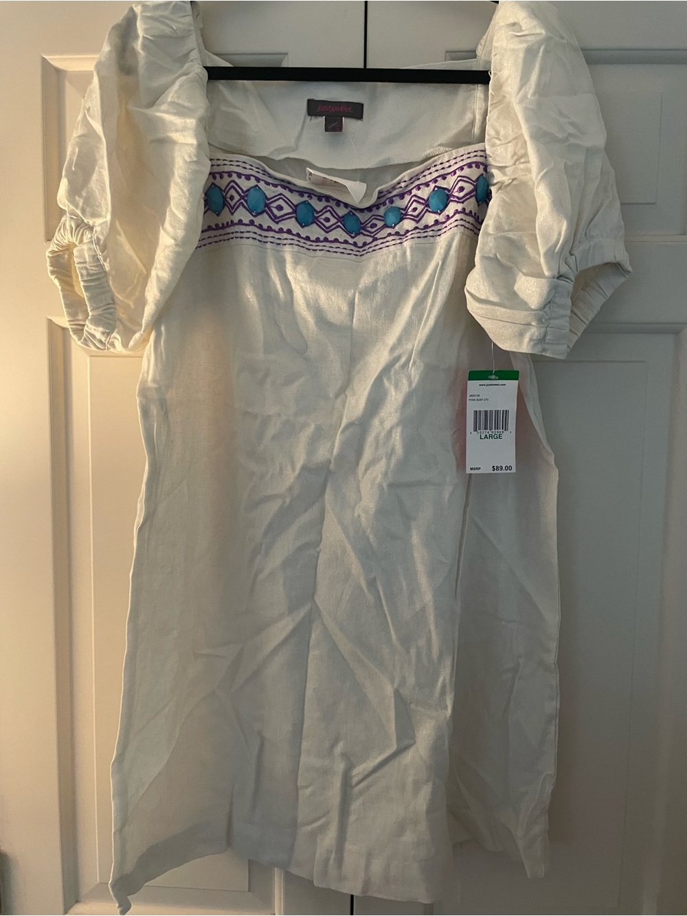 Embroidered Cream Peasant Dress with Puff Sleeves